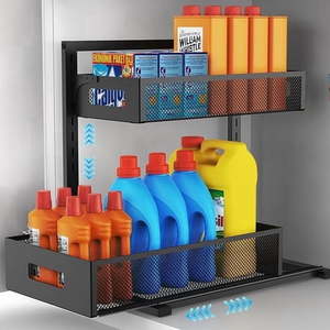 lot 19233 image: Petiza Under Sink Organizer Pull Out Cabinet Organizer Adjustable Height 2 Tier with Sliding Drawers Kitchen Bathroom Organizer and Storage