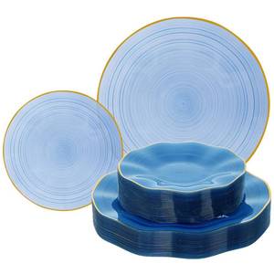 lot 19238 image: Pryntono 120PCS Blue Plastic Plates with Gold Rim, Blue Spiral Wave Plates