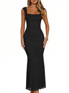 lot 20342 image: Misng Womens Sexy Bodycon Mesh Backless Maxi Dress Sleeveless Square Neck Wedding Guest Cocktail Party Long Dresses, Medium, Black