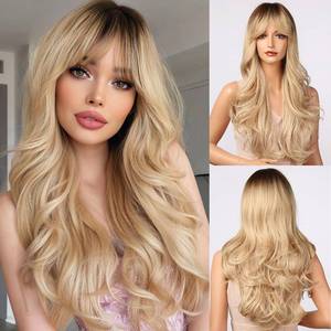 lot 20350 image: Novastel Long Layered Blonde Wigs Human Hair with Curtain Bangs Dark Roots for Women Wavy Ombre Curly Lightweight Natural for Daily Party Use