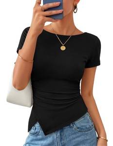 lot 20352 image: ZESICA Womens Summer Asymmetrical Ruched Short Sleeve Y2K Top,Black,S