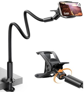 lot 14100 image: SAIJI Gooseneck Phone Holder for Bed, 360° Rotate Support Rod One-Hand Adjustable Cell Phone Stand, Compatible with All 4.7-7 Devices (White)