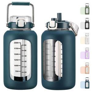 lot 1813 image: MUKOKO 84oz Glass Water Bottle with Time Marker and Silicone Sleeve 2.5L Water Jug with Stainless Steel Handle Gallon Drinking Bottle with 2-in-1 Lid Wide Mouth BPA Free, Dark Blue