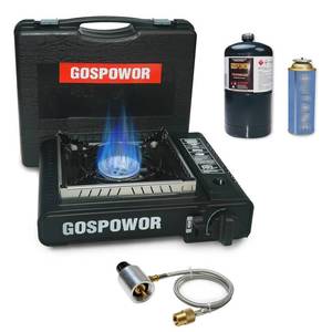 lot 1825 image: Propane or Butane Stove with Windblocker,Dual Fuel 10,000 BTU Propane Stove for Camping, Automatic Ignition Gas Portable Stove with Propane Adapter Hose Carrying Case for Outdoor (Fuel Not Included)