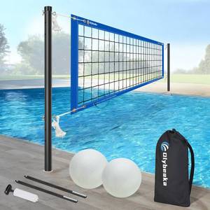 lot 1835 image: Base Free Swimming Pool Volleyball Net Set for Inground Pools with 3-Height Adjustable Aluminium Poles, Durable Anti-Sagging Net, 2 Water Volleyballs and Carry Bag (Blue)