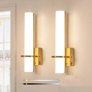 lot 1837 image: AIJIASI Battery Operated Gold Wall Sconces - 15 Inch Modern Sconce Wall Lighting 3000K-6000K Dimmable LED Wall Sconces Set of Two, Indoor Bathroom Sconce for Living Room Bedroom Hallway Stairway