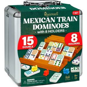 lot 1852 image: Queensell Mexican Train Dominoes Set Double 15 with 8 Holders - Wooden Hub and Tiles Holders - Double 15 with Dots (D15  8 Holders)