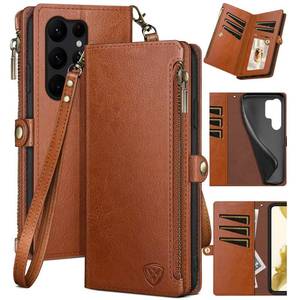 lot 2023 image: XcaseBar for Samsung Galaxy S24 Ultra Wallet case with Zipper Credit Card Holder RFID Blocking,Flip Folio Book PU Leather Shockproof Protective Cover Women Men for S24 Ultra Phone case Light Brown