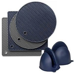 lot 2406 image: SUYTQEA 4 Pcs Silicone Trivet Mats for Kitchen Counter, Silicone Oven Mitts and Pot Holders Set for Hot Pan and Pot Pads, Heat Resistant Multipurpose Potholders, Grey and Navy Blue