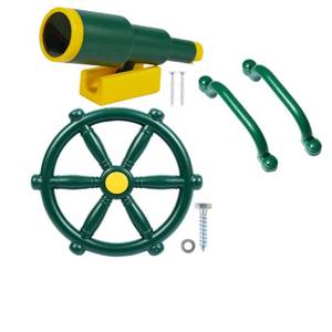 lot 2407 image: THAKSENY Playground Accessories for Kids, Swingset Attachments with Pirate Ship Wheel, Toy Telescope and Safety HandlesPirate Accessories for Kids Treehouse (Green 3 PCS)