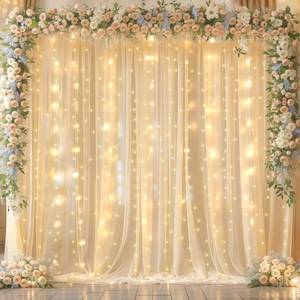 lot 2455 image: 10x10ft Champagne Backdrop Curtain with Lights String for Wedding Sheer Tulle Chiffon Curtain Photo Backdrops Drapes for Baby Shower Birthday Party Home Ceremony Decorations