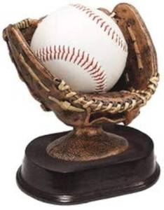 lot 2458 image: Baseball Glove Ball Holder Trophy - Bronzed Game Ball Holder Award - Custom Engraved Plate on Request - Decade Awards (5 Inch)