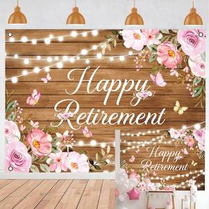 lot 2465 image: 7x5ft Happy Retirement Backdrop for Women Wood Flowers Happy Retirement Party Banner Rose Pink Floral Gold Dots Retirement Backgrand