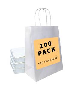 lot 7550 image: BAG BOX 100 Pack 8.25x4.3x10.6 Inch White Gift Bags with Handles,Bulk Kraft Paper Bags for Shopping, Retail, Merchandise, Wedding, Party Favors, Paper Grocery Sacks