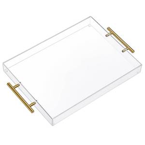 lot 7559 image: 12inx16in Clear Acrylic Serving Tray with Golden Handles, Sturdy Huge Capacity Acrylic Tray for Coffee, Juice, Kitchen and Desk Organizer, Storage Tray (12inx16in)