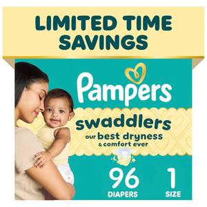 lot 7572 image: Pampers Swaddlers Diapers, Size 1 (8-14 lbs), 96 Count, Fragrance Free, Hypoallergenic, Absorbent, Pediatrician Recommended, Skin Safe