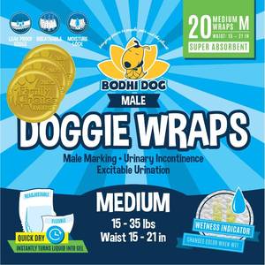 lot 8096 image: Bodhi Dog Disposable Male Dog Diapers - Super Absorbent, Leak-Proof Pee Wraps - Adjustable Fit, Comfortable Design, Advanced Moisture Control, and Wetness Indicator - Medium (20 Count)