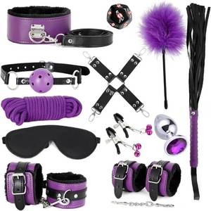 lot 8105 image: BDSM Bondage Restraint Kits 12PCS Sets Sex Toys Handcuffs Ankle Collar Cuffs Blindfold Feather Tickler Ball Gag Anal Plug SM Games Adjustable for Women Men