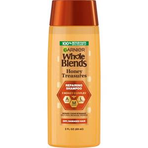 lot 8112 image: Garnier Whole Blends Honey Treasures Repairing Shampoo, for Dry, Damaged Hair, 3 Fl Oz (Travel Size), 1 Count (Packaging May Vary)