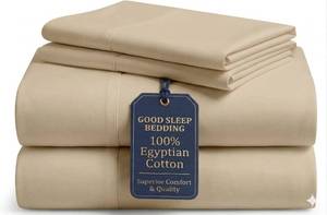 lot 8131 image: Good Sleep Bedding 100percent Egyptian Cotton XL Twin Sheet Set, 4 Piece, Silky Sateen Weave Twin XL Sheet Set, Ultra-Soft and Durable Hotel Luxury, 16 Inch Deep Pocket Extra Long Twin Sheets - Taupe