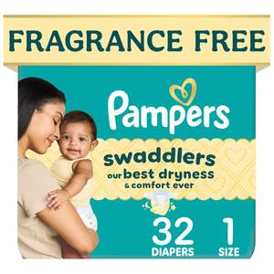 lot 8137 image: Pampers Swaddlers Diapers, Size 1 (8-14 lbs), 32 Count, Fragrance Free, Hypoallergenic, Absorbent, Pediatrician Recommended, Skin Safe