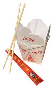 lot 8144 image: Combo - Pack of 25 Chinese Take Out Boxes Pagoda 16 ozPint Size Party Favor and Food Pail with 25 Chopsticks in DHI Packaging