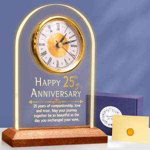 lot 8146 image: OkiyiD Light Up 25th Anniversary Wedding Gifts Quartz Clock with Wooden Base,25 Years Silver Wedding for Couple,Parents,Soft Warm White Lighting 25th Anniversary Decoration Gifts