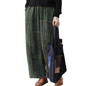 lot 8154 image: LUZU JUNU Womenfts Cotton Loose Patchwork Wide Leg Casual Lounge Vintage Boho Cropped Pants with Pocket (US, Alpha, One Size, Regular, Regular, Green)