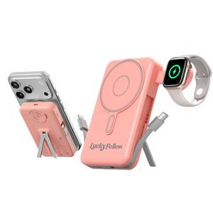 lot 8172 image: LUCKYFELLOW Magnetic Portable Charger Built-in Cables,10000mAh Fast Charging Wireless Charger Station External Battery Pack Slim Pocket Size Power Bank with Stand Compatible with iWatch, iPhone