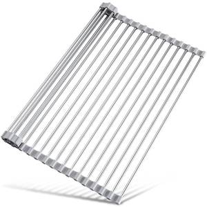 lot 8182 image: Tomorotec 17.7in x 15.5in Roll Up Dish Drying Rack Over Sink Drying Rack Sink Cover Kitchen Sink Accessories Gadget Multipurpose Organizer Foldable Stainless Steel Drainer (Grey)