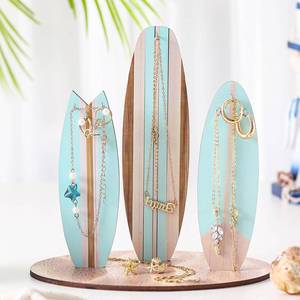 lot 8188 image: Wonderjune Surfboard Jewelry Organizer, Wooden Beach Holder,Blue