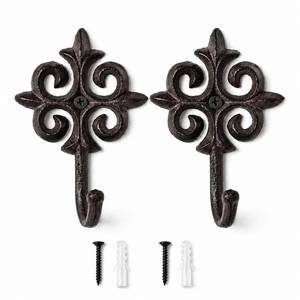 lot 8213 image: iobiotio Vintage Cast Iron Wall Hook - 2 pcs Small Heavy Duty Decorative Hook for Hanging Coats, Hats, Bags, Towels - Rustic Farmhouse Wall Mounted Hooks for Entryway, Bathroom, Kitchen, Dark Brown