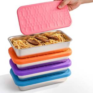 lot 8222 image: 4 Pack 15 oz Stainless Steel Food Storage Containers with Silicone Lids, Leakproof Single Compartment Metal Containers, Reusable Lunch Boxes for Meal Prep, Leftovers, Travel, Camping, Fridge Storage