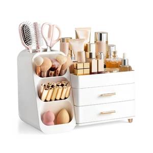 lot 9914 image: HBlife Makeup Organizer with Brush Holder for Vanity, Large Plastic Bathroom Countertop Organizer Skin Care Storage, Easy to Store Lipsticks, Nail Polishes, Perfumes, Eyeshadow Palettes, All White