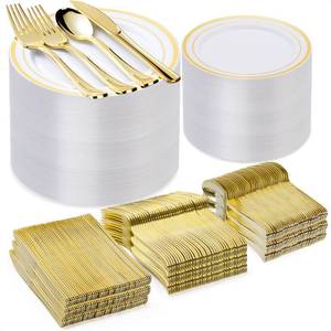 lot 9915 image: BESTVIP 600 Pcs Gold Plastic Dinnerware Set for 100 Guests