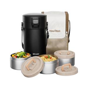 lot 9917 image: Bitwav 77oz Stainless Steel Insulated Food Jar, 3 Tier Stackable Bento Lunch Box, Vacuum Thermal Food Container for Hot Food, Soup Thermos with Insulated Bag for Work, Travel, Outdoor (77 oz Black)