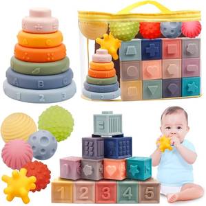 lot 9923 image: Montessori Toys for Babies 6-12 Months, Soft Baby Blocks Toys Set, 3 in 1 Infant Stacking Building Blocks, Teething Toys Sensory Balls Educational Learning Toys for Toddlers 3-6-9-11 Months Boys Girls