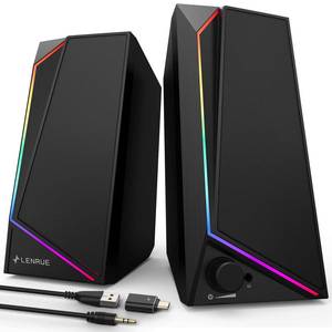 lot 9938 image: LENRUE Computer Speakers, USBUSB-C Powered AUX Audio for PC Speakers with Loud Stereo Sound, Headphone-in, Touch Lights for Desktop, Computer, Laptop, DeskUSB-C to USB Adapter Included