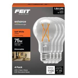 lot 9949 image: Feit Electric A19 LED Light Bulbs A1975CL927CAFIL4GB - 75W 1100lm 2700K Dimmable E26-4 Pack
