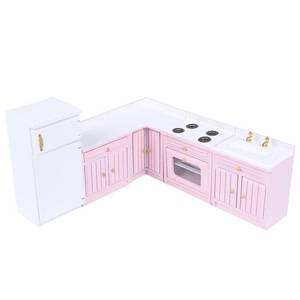 lot 9951 image: Haomian 112 Scale Dollhouse Kitchen Furniture Set, Pink Wooden Miniature L-Shaped Kitchen Cabinets with Fridge Sink Stove, Doll House Kitchen Accessories for Role Play DIY Decor Collectibles