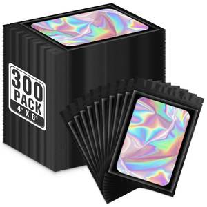 lot 10014 image: ANZNKU 300 Pack Black Holographic Mylar Bags with Clear Window, 4x6 In Smell Proof Packaging Bags for Small Business, Resealable Small Foil Zipper Pouch for Candy Jewelry Goodie Gift and Party Favors