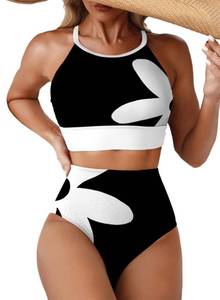 lot 10471 image: Herseas Womens High Waisted Bikini Sets Two Piece Floral Print Flattering Swimsuits High Neck Push Up Padded Bikini Tops Tummy Control Sporty Bathing Suit Beach Outfits Black White Floral Medium