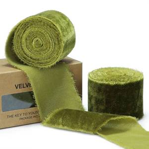 lot 10476 image: Keypan Olive Green Velvet Ribbon for Christmas with Fringe, 1.5 in x 3 yd