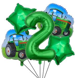 lot 10481 image: 5Pcs Tractor Foil Balloons Green Tractor Birthday Number 2 Mylar Foil Balloon Farm for 2nd Birthday Party Decorations