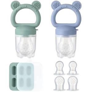 lot 10497 image: 2 Pack Silicone Baby Fruit Feeder with Mini Freezer Tray, Breastmilk Popsicle Molds for Baby Teething Relief, Fresh Food Feeder for Safe Infant Self Feeding, Extra Food Pouches