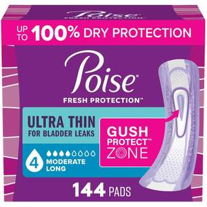 lot 11102 image: Poise Ultra Thin Incontinence Pads and Postpartum Pads for Bladder Leaks, 4 Drop Moderate Absorbency, Long Length, 144 Count, Packaging May Vary