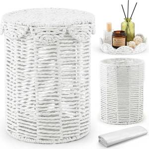 lot 11111 image: Ctosree 1.3 Gal Boho Wicker Trash Can with Lid for Bathroom, White