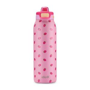lot 11116 image: Ello Pop and Fill 32oz Stainless Steel Water Bottle with QuickFill Technology, Double Walled and Vacuum Insulated Metal, Leak Proof Locking Lid, Straw and Chug, Reusable, BPA Free, Strawberries (Latch Is Broken)