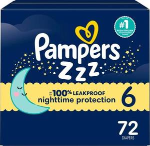 lot 11137 image: Pampers ZZZ Overnight Diapers, Size 6 (35 lbs), 72 Count, Nighttime Protection Disposable Baby Diaper, Night Time Leak and Skin Protection