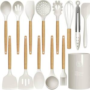 lot 11149 image: oannao Silicone Cooking Utensils Set - 446°F Heat Resistant Silicone Kitchen Utensils for Cooking,Kitchen Utensil Spatula Set w Wooden Handles and Holder for Non-Stick Cookware (Cream White)